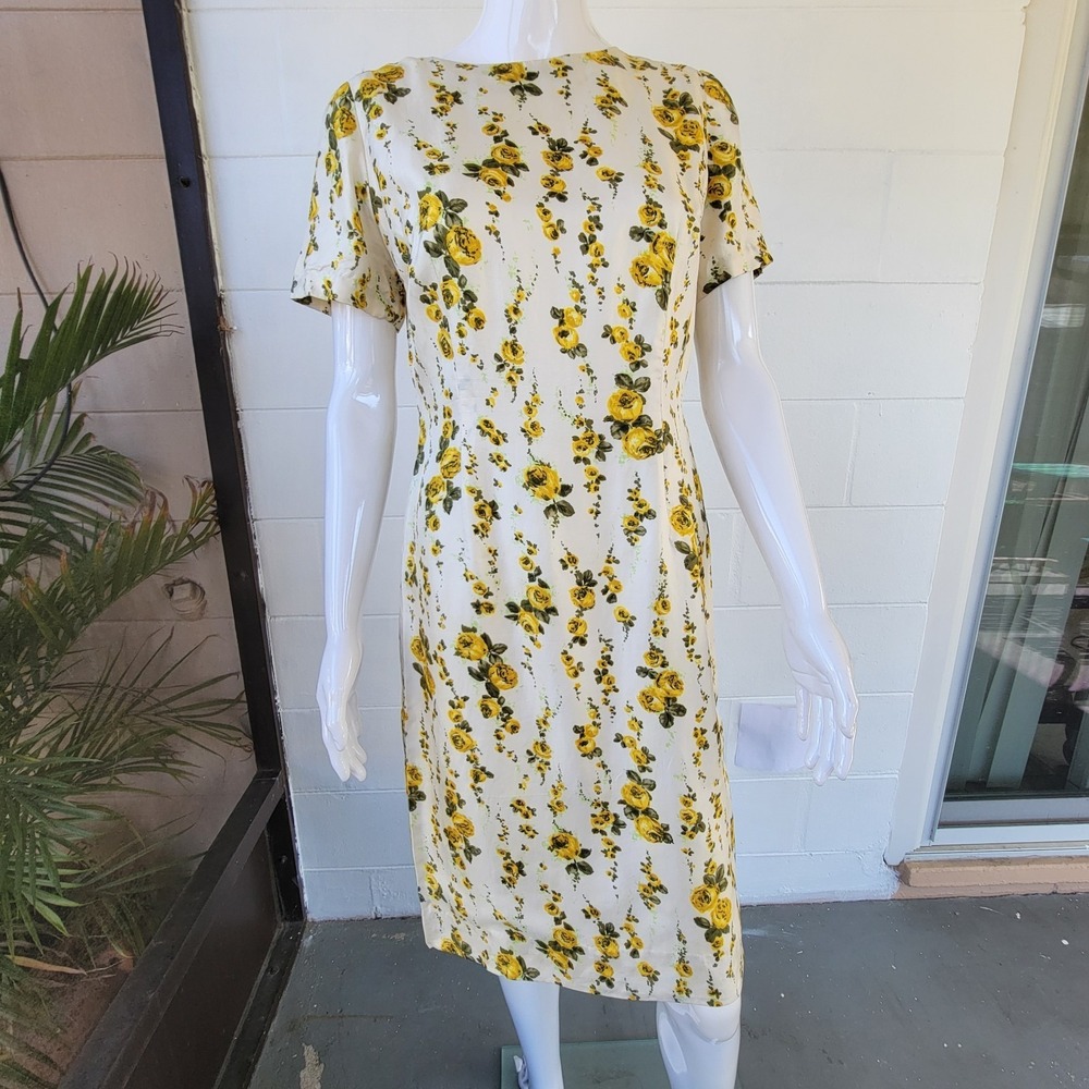 Vintage 50's-60's Off-White Yellow Rose Midi Summer Dress Floral Women's Size 8‎